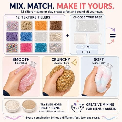 DIY Stress Ball Making Kit, 12 Empty Squishy Skins, Fillers, Slime & Clay | Extended-Neck Craft Kit, 20 Neck Protector Rings, 7 Colors, for Adults & Teens, ASMR Squeeze thumbnail 4