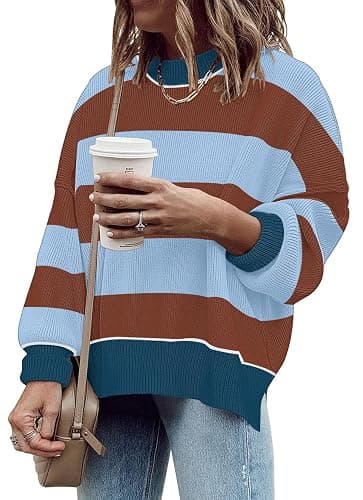 ETCYY Womens Oversized Sweaters Fall 2025 Fashion Clothes Trendy Batwing Sleeve Colorblock Striped Knit Pullover Tops thumbnail 4