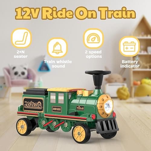 ANPABO 2-Seater Ride On Train Trackless, 12V Kids Car with Height-Adjustable Seat, Extra Storage, Headlight, Train Whistle & Music, Electric Car for Kids 3+ (Carriage Not Included), Green thumbnail 6