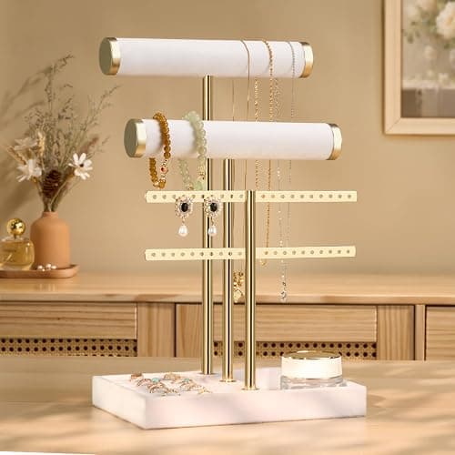 Josmimic Schmuck Organizer mit 3 Ebenen - Weiß Schmuckständer Armbänder, Abnehmbarer T-Steg Schmuck Ständer, Samt-Armbandhalter, Schmuckhalter für Armband, Halskette, Uhren, Ringe thumbnail 2