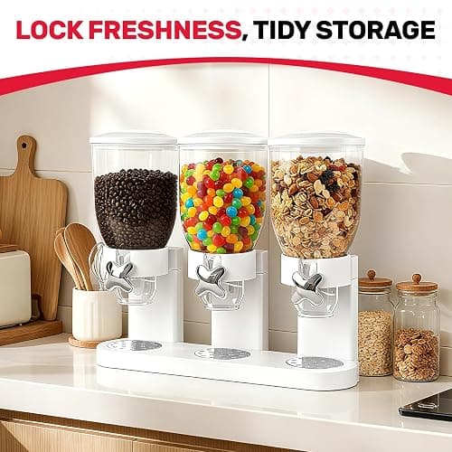 Adorabby Triple Cereal Dispenser Countertop 2L, Airtight Cereal Containers Storage, Large Capacity Total 6L for Kitchen Pantry, Rotating Dry Food Dispenser for Candy, Nut, Coffee Beans, White thumbnail 7