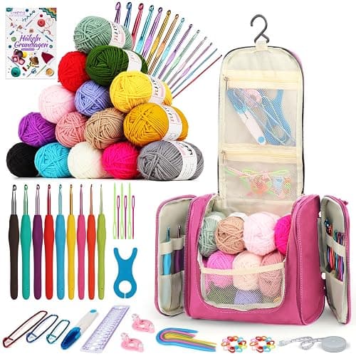 Coopay Kit de crochet portable pour débutants, complet avec crochets ergonomiques de 2,0 à 10 mm, 15 couleurs de laine pour crochet, instructions (français non garanti), accessoires de crochet et sac - Image 1