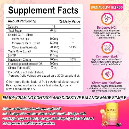Yooloks Cutting Drink Mix – GLP-1 Drink Mix with 5-HTP, Yerba Mate & Magnesium, FOS | Supports Satiety Signaling, Energy & Gut Health | Strawberry Açaí Flavor – 30 Servings thumbnail 2