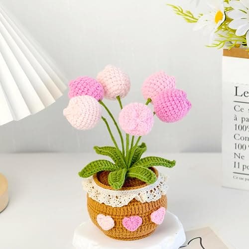 JOMODECOR Handmade Crochet Tulip Bouquet Potted Plants, Knitted Artificial Forever Flowers with Exquisite Pot,Gift to Friends Women Kids,Perfect for Home Decorations, Office Desk(Pink) thumbnail 6