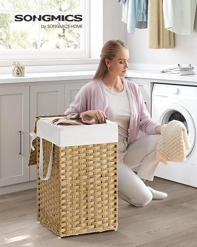 SONGMICS Laundry Hamper with Lid, 17.2 Gallon (65 L) Synthetic Rattan Clothes Laundry Basket with Lid and Handles, Foldable, Removable Liner, Goose Yellow ULCB165N01 thumbnail 2
