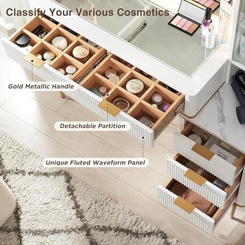 T4TREAM Fluted Makeup Vanity Desk with 36" HD Lighted Mirror, 48" Big Modern Vanity Desk with Mirror and Lights, Dressing Table with 5 Drawers & Shelves, Glass Top for Bedroom (Off White) thumbnail 5
