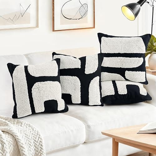 LandIdyll 4 Pcs Black and Cream Chunky Tufted Pillow Covers 18 x 18 Inch Boho Black and White Throw Pillow Covers Set Decorative Modern Abstract Geometric Pillowcase for Living Room Bed Couch Sofa thumbnail 6
