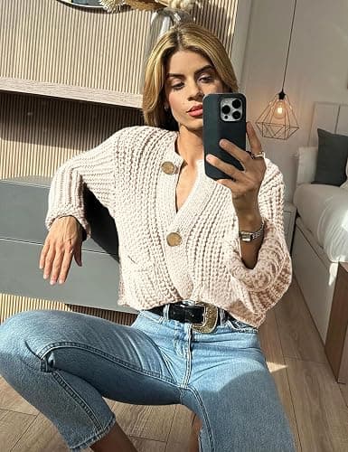 Arssm Womens Cropped Cardigan Sweaters Chunky Open Front Button Down Knit Sweater Long Sleeve Loose Cardigan Outerwear thumbnail 3