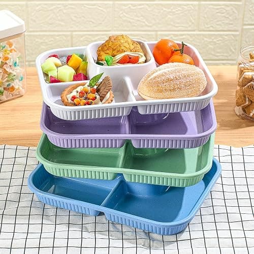 Pinkunn 8 Pcs 10'' Divided Plates Unbreakable Wheat Straw Dinnerware Lunch Trays Lightweight Reusable Plastic Compartment Microwave Dishwasher Safe Separator Plates (White, Blue, Purple, Green) thumbnail 7