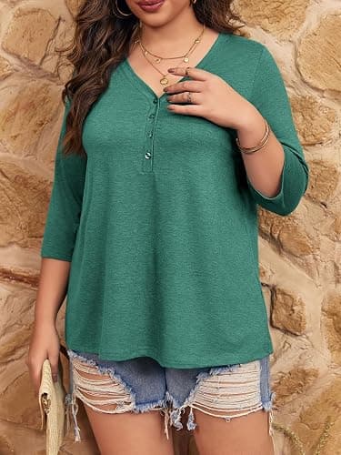 Tankaneo Women Plus Size Tops V Neck 3/4 Sleeve Casual T Shirts Loose Basic Tunic Tees thumbnail 4