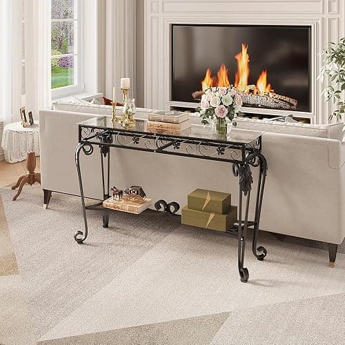 HavenlyYouth Console Table 47.2", Tempered Glass Sofa Tables, Vintage Entryway Table with Metal Frame, Console Tables for Living Room, Entrance, Foyer, Adjustable Feet (Black) thumbnail 5