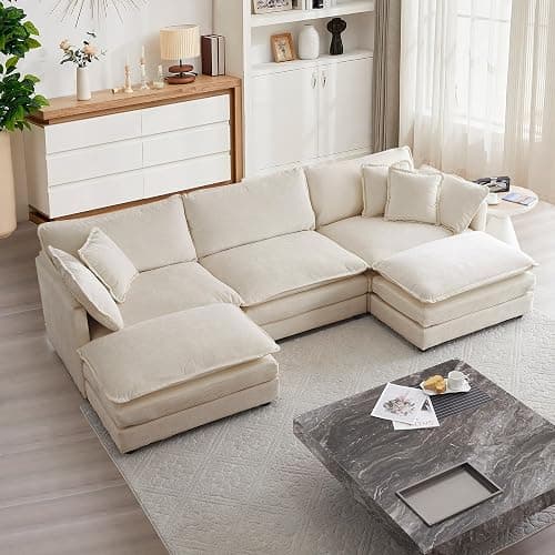 mikibama Modular Sectional Sofa, 111.5 Inch U Shaped Couch Set for Living Room, 3-Seater Comfy Cloud Couches with Movable Ottoman, DIY Combination, Chenille, Light Coffee - Image 1