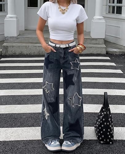 Lafaguw Star Jeans for Women Girls High Waisted Cute Patchwork Y2K Pants | Girls Baggy Jeans,Women Preppy Y2K Pants,Loose Straight Leg,Frayed Star Patchwork,Retro Washed thumbnail 8