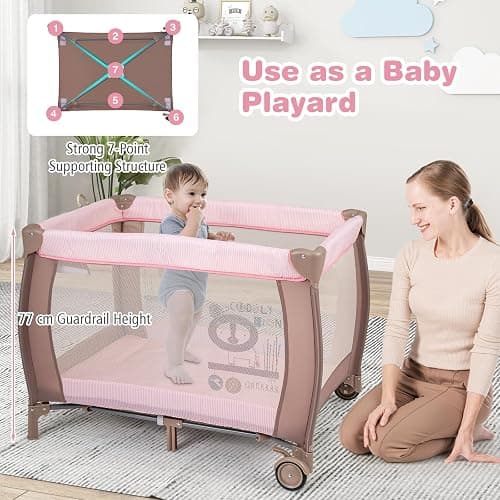 COSTWAY 3 in 1 Portable Travel Cot, Folding Baby Bassinet and Activity Playpen with Changing Table, Mattress, Music Box, Hanging Toys, Wheels and Carry Bag, Baby Crib Bed for Boys Girls (Pink) thumbnail 4