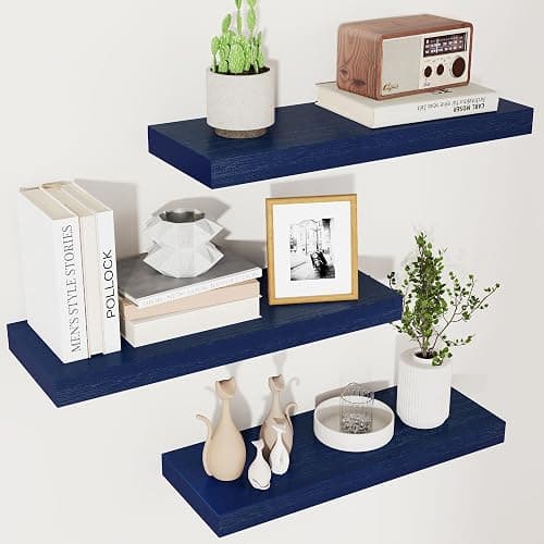 fuqing Blue Floating Shelves for Wall - Wood Wall Shelves Set of 3 - Dark Blue Shelves for Room Decor & Storage in Bedroom Living Room Bathroom Kitchen - Image 1