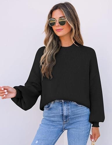 ZESICA Women's Casual Turtleneck Long Lantern Sleeve Fall 2025 Oversized Ribbed Knit Pullover Sweater Jumper Top thumbnail 6