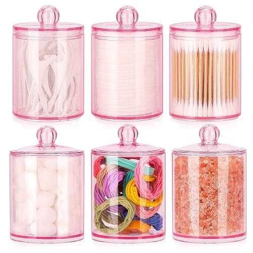 Tbestmax 6 Pack Qtip Holder - 12 oz, 10 oz Bathroom Organizer and Storage Containers, Plastic Apothecary Jars with Lids for Cotton Ball, Cotton Swab, Floss, Pink - Image 1
