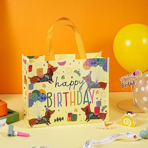 WRAPAHOLIC Large Reusable Beige Dachshund Birthday Gift Bag with Handles - 10 x 5 x 13 inch - Happy Bday Beige Dog Gift Bags for Kids Boys Girls Birthday, Pet Lovers and Shopping thumbnail 5