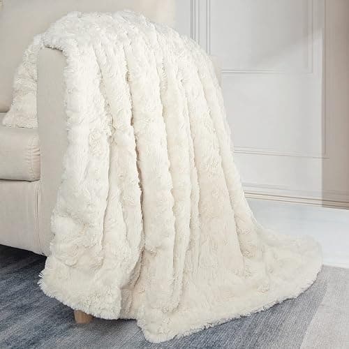 TOONOW Faux Fur Luxury Throw Blanket,Double Side Soft Fluffy Shaggy Fuzzy Blanket for Couch Sofa Bed (Cream, Throw) thumbnail 2