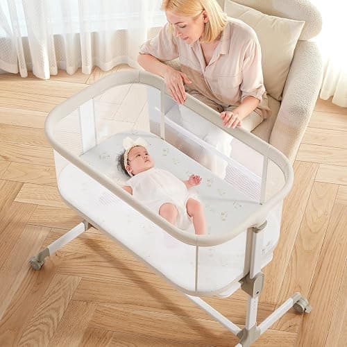 Fodoss Baby Bassinets Bedside Sleeper - All Mesh Bedside Bassinet with Wheels, 7 Height Adjustable Baby Bassinet for Infants, Beige thumbnail 2