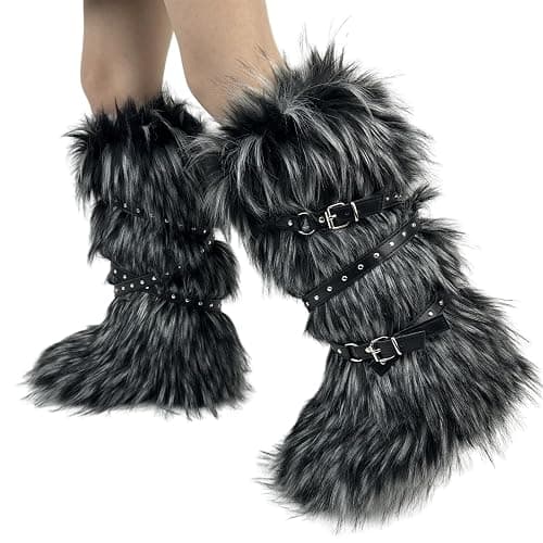 YFJNV Fur boots for women, Pink fuzzy boots with y2k style, Tall furry boot for winter, Comfortable shoes thumbnail 5