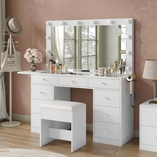Yanosaku Vanity Desk & Power Outle, Makeup Vanity with Mirror and 12 LED Lights, 9 Drawers Makeup Table with Fold-up Panel, Vanity Set 3 Lighting Modes Brightness Adjustable (White) thumbnail 8