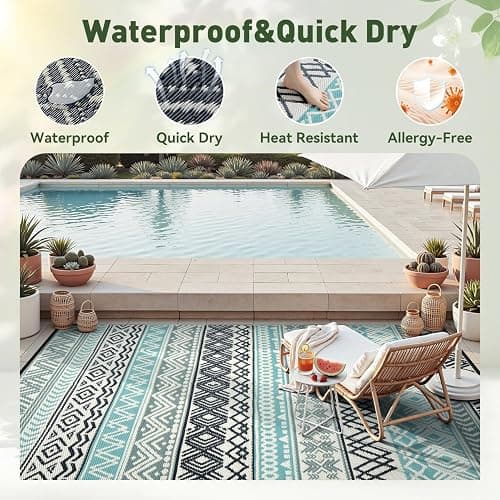 MontVoo Outdoor Rug Carpet Waterproof-Patio Rug Mat 5x8 Reversible RV Outdoor Camping Rugs Picnic Beach Mats Plastic Straw Outside Rugs for Balcony Porch Pool Deck Boho Patio Decor thumbnail 2