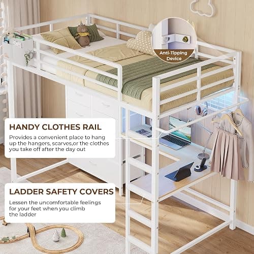DICTAC Twin Size Loft Bed with L-Shaped Desk and 7 Storage Drawers,Metal Twin Loft Bed for Kids with LED Lights and Charging Station,13.11" H Safety Guardrail and Ladder,No Box Spring Needed, White thumbnail 9