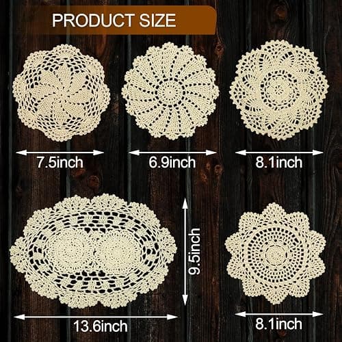 5 Piece 7 to 14 Inch Handmade Crochet Cotton Lace Doilies for Table, Beige thumbnail 3