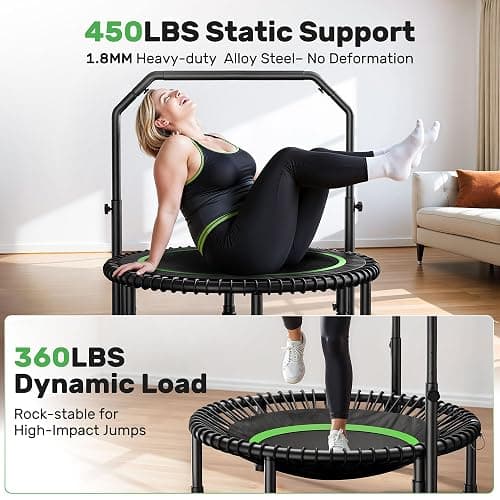 BCAN 40"/48" Mini Rebounder Trampoline for Adults with Bar, 450/550LBS Fitness Trampoline with Bungees, Adjustable Handle, Stable & Quiet, Indoor Outdoor, Whole-Body Workout & Relaxation at Home thumbnail 3