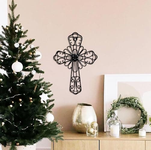 RELY+ Black Wall Cross 14X10 Inch Living Room Décor Outdoor Crucifix Wall Décor Metal Wall Art Decorative Hanging Iron Wrought Wall Décor Crosses for Rustic Indoor Home Valentine's Day Decorations thumbnail 4