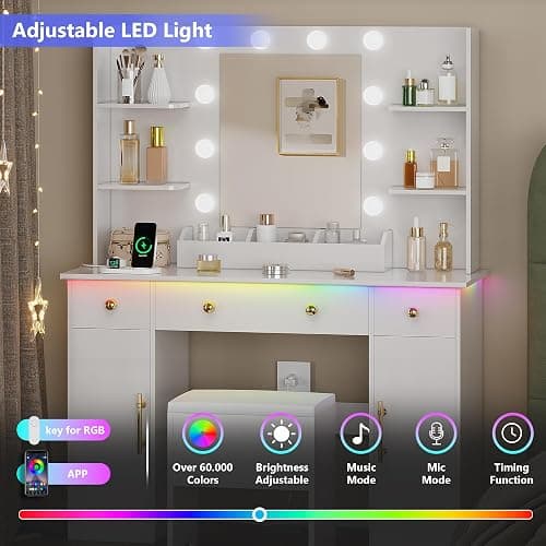 HUANLEGO Vanity Desk with Mirror and Lights, Makeup Vanity with Charging Station & Vanity Stool, 3 Drawers and Cabinets White Vanity Mirror with RGB LED Lights Vanity Desk and Chair for Women thumbnail 4