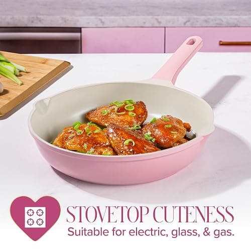 Paris Hilton Ceramic Cast Aluminum Nonstick Fry Pan, Fast & Even Heating with Easy Pour Spouts & Comfort-Grip Handle, 11-Inch, Pink thumbnail 2