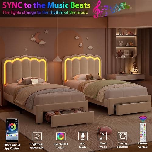 Twin Upholstered LED Bed Frame with Storage Drawer and Adjustable Chic Double Wavy Headboard, Velvet Princess Platform Bed for Kids/Girls, Solid Wood Slats Support, No Box Spring Needed, Beige thumbnail 5