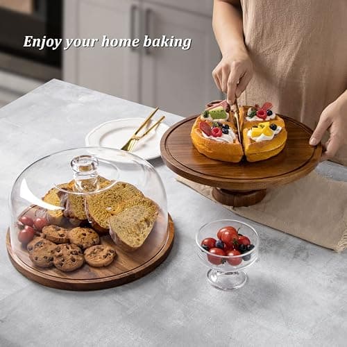 ANBOXIT Cake Stand with Dome Lid, Acacia Wood Cake Plate with Cover, Wooden Cake Display Stand with Acrylic Dome - Footed thumbnail 7