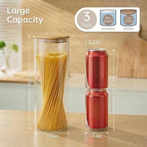 HomArtist Square Glass Jars with Bamboo Lids 79 FL OZ [Set of 3], Glass Canisters with Airtight Lid, Glass Food Storage Containers for Spaghetti, Fettuccine, Linguine,Pasta, Best for Kitchen & Pantry thumbnail 3