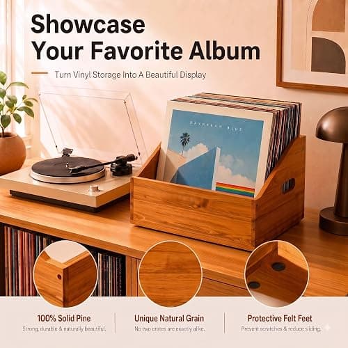 Wood Vinyl Record Storage, Retro & Durable Vinyl Crate and Record Holder, Album Storage Record Case Box for 60+ Records, Perfect Record Organizer for Home Decor and Collection Display(Brown) thumbnail 4