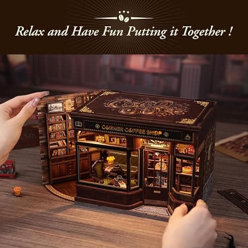 CUTEBEE Book Nook Kit, DIY Miniature House Kits for Adult and Teens, Dollhouse Booknook Tiny House, Bookshelf 3D Wooden Puzzle, DIY Craft Gifts for Family and Friends (Corner Coffee Shop) thumbnail 6