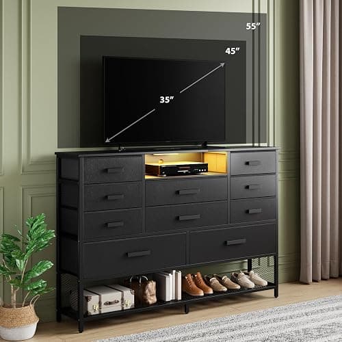 Harpaq Black Dresser for Bedroom with 10 Drawers, Chest of Drawers with Charging Station, TV Stand Storage with LED Light for 55" TV, Fabric Drawers with PU Finish, Dresser with Shelves for Closet thumbnail 2