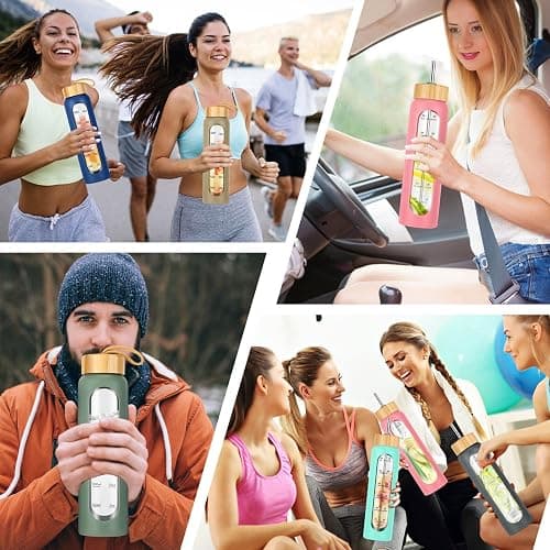 SipZest 32 oz Glass Water Bottle with Straw - Motivational Time Marker & Silicone Sleeve - Reusable Tumbler Includes 2 Bamboo Lids & Fruit Infuser - 1 Pack thumbnail 6
