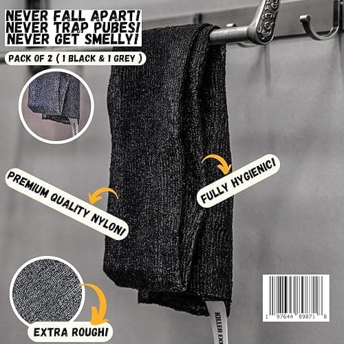 Extra Rough Exfoliating Washcloth-Extreme Body & Back Scrubber for Shower, Extra Long, Hygienic Rough Exfoliator, Men & Women, 2 Count Pack, Black & Grey, Killer Exfoliator thumbnail 7