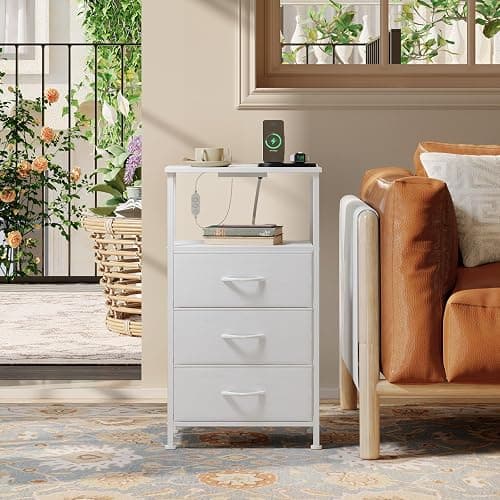 Somdot White Nightstand with Charging Station and LED Light for Bedroom, Tall 3 Drawers Dresser with Fabric Bins for Bedside Kids Dorm Room Closet Laundry Entryway, White Leather thumbnail 7