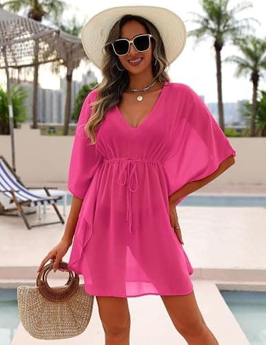 AI'MAGE Womens Beach Swimsuit Coverup Sexy Sheer Bathing Suit Cover Up Dress Swimwear Tie Waist Chiffon Beachwear thumbnail 2