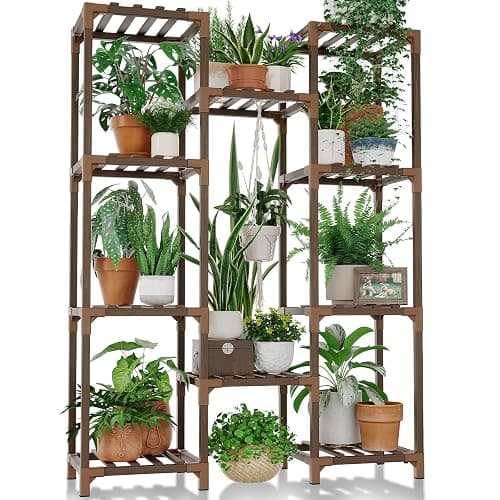 Bamworld Plant Stand Indoor Outdoor Tall Plant Shelf for Multiple Plants Pots Wood Flower Stand Large Flower Holder for Living Room, Patio, Balcony, Garden Decor, Brown - Image 1