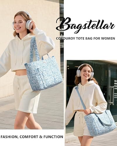 Corduroy Tote Bag for Women, 17 Pockets Laptop Work Tote Lightweight Teacher Nurse Bible Shoulder Bag for School Daily Travel thumbnail 8