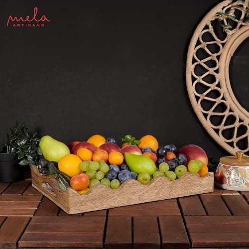 Mela Artisans Ottoman Wooden Serving Tray | Medium, Scallop White Burnt | Decorative Mango Wood | Serve Breakfast, Other Foods, Coffee and Tea | Rustic Home Decor | 14" x 10” x 2.5” thumbnail 2