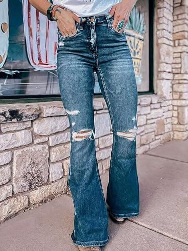 Flamingals Women's Bell Bottom Jeans Flared Ripped High Waist Stretchy Distressed Denim Bootcut Jeans thumbnail 2