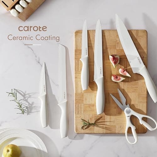 CAROTE 15Piece Knife Set, Kitchen Knife Block Set, Elegant White Ceramic-Coated Blades with Stylish Wooden Block for Modern Culinary Excellence thumbnail 6
