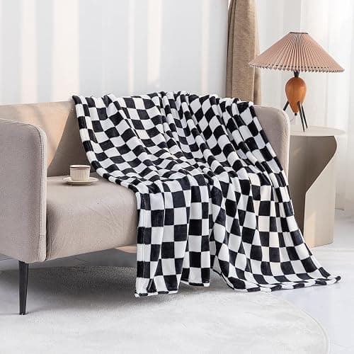 LOMAO Throw Blankets Flannel Blanket with Checkerboard Grid Pattern Soft Throw Blanket for Couch, Bed, Sofa Luxurious Warm and Cozy for All Seasons (Black, 40"x50") thumbnail 3