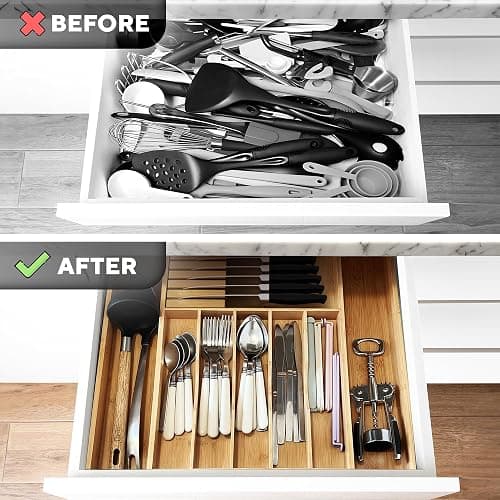 Premium Expandable Kitchen Drawer Organizer - 100% Bamboo Organizer Tray - Great for Silverware, Large Utensils, Flatware, Cutlery - 8 Compartments with Knife Block - Perfectly Fits Your Drawers thumbnail 3